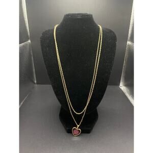 Vtg Suczch Signed Pressed Flower Heart Pendant Necklace Gold Tone Double Chain